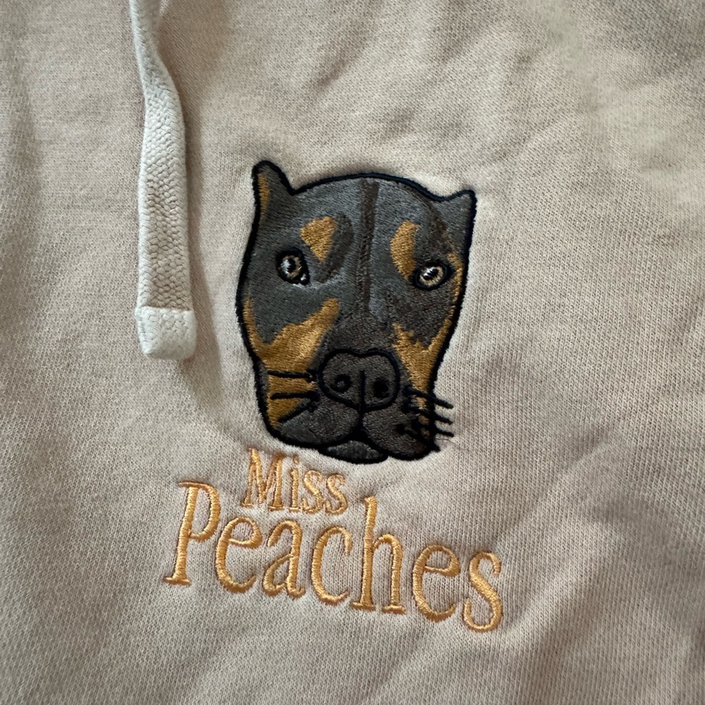 Miss Peaches Beige Hoodie with Embroidered Dog Design